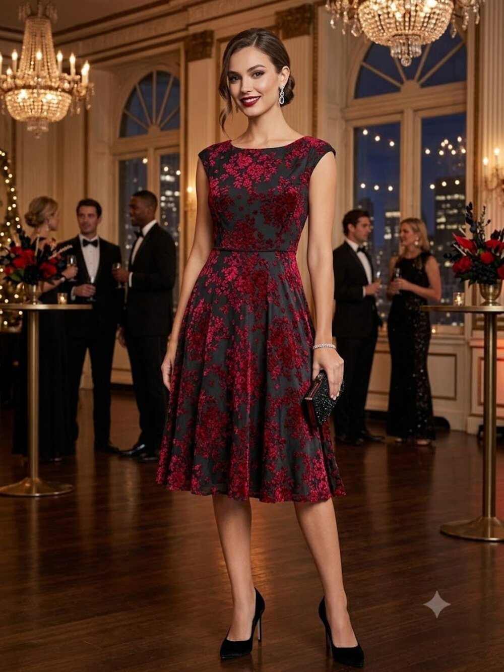 Tahari Red and Black Velvet Floral Burnout Dress, Size 8